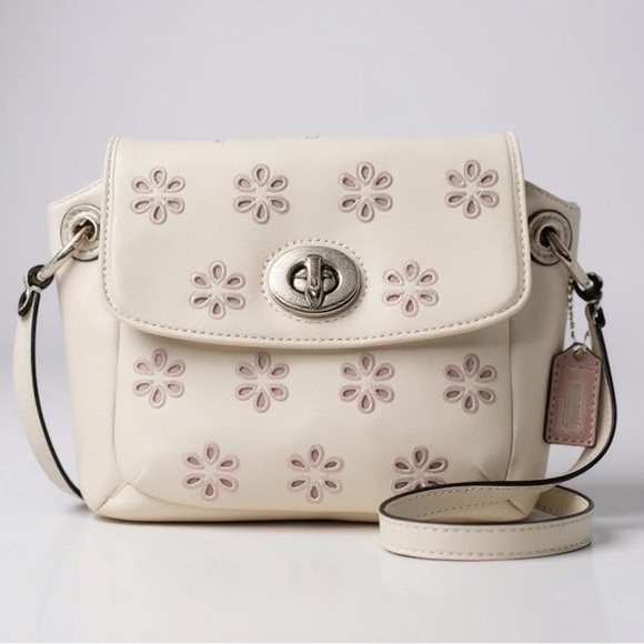 Coach Ivory Leather Mini Crossbody Bag with Pink Floral Eyelet Cutout & Turnlock - Picture 1 of 8